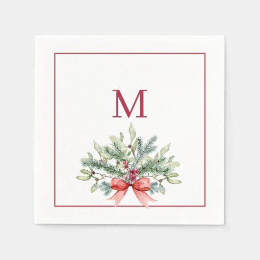 Rotes Monogramm Weihnachtsgrün Serviette (Vorderseite)