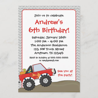 Rotes Monster Truck Geburtstag Einladungen