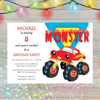 Rotes Monster Truck Geburtstagsparty Einladung