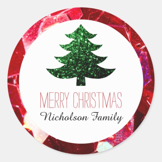 Rotes Mosaik Grünen Weihnachtsbaum Glitzern-Gesche Runder Aufkleber (Vorderseite)