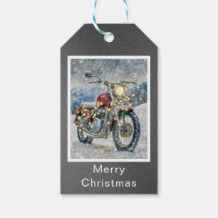 Rotes Motorrad mit Weihnachtsbeleuchtung Geschenkanhänger