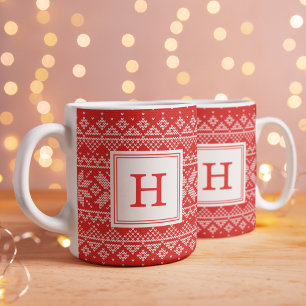 Rotes nordisches Strickmuster-Monogramm-Feiertag  Kaffeetasse