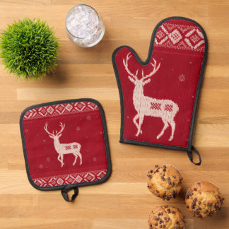 Rotes Norwegisches Strickmuster mit Hirsch, Ofenha Ofenhandschuh & Topflappen-Set