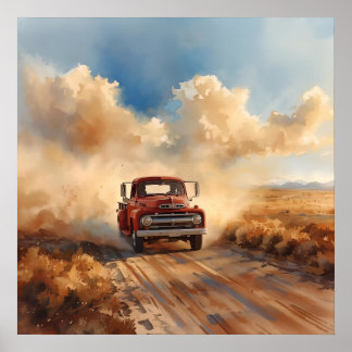 Rotes Oldtimer-Lastwagen fährt durch die Wüstenlan Poster