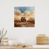 Rotes Oldtimer-Lastwagen fährt durch die Wüstenlan Poster (Küche)