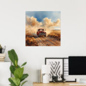 Rotes Oldtimer-Lastwagen fährt durch die Wüstenlan Poster (Heimbüro)