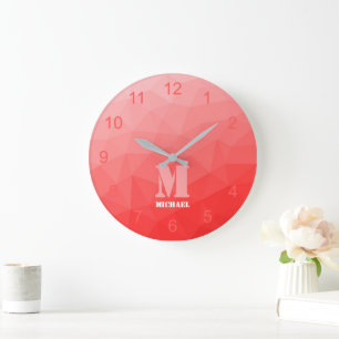 Rotes Ombre-Geometrie-Netzmuster-Monogramm Große Wanduhr