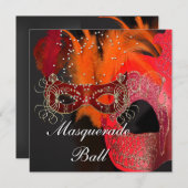 Rotes Orange Black Masquerade Ball Party Einladung (Vorne/Hinten)