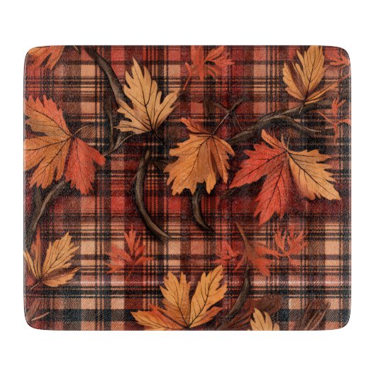 ROTES ORANGE GELBE KARIERT MIT HERBSTLAUBEN SCHNEIDEBRETT (Vorderseite)