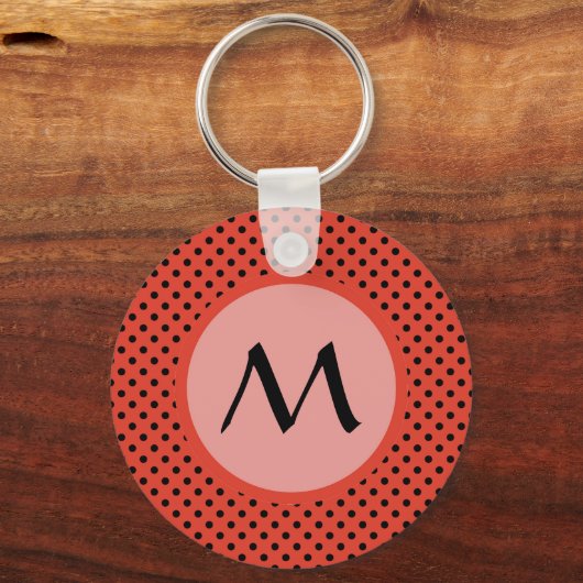 Rotes Orange Polka Dot Monogramm Schlüsselanhänger (Rückseite)