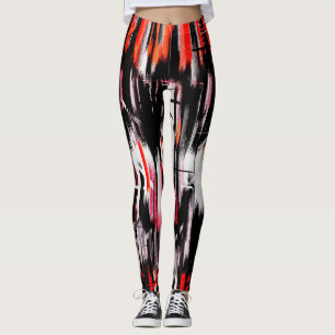 Rotes Orange Schwarz-weißes Abstraktes Gemälde Leggings