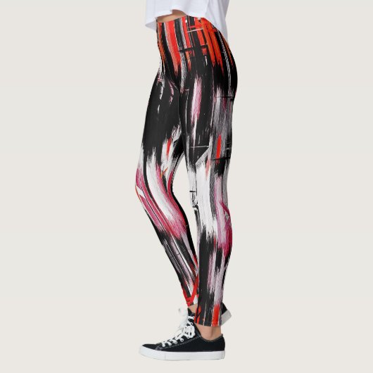 Rotes Orange Schwarz-weißes Abstraktes Gemälde Leggings (Links)