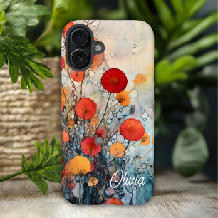 Rotes Orange- und Teal-Abstrakt-Blumen-Name iPhone 16 Plus Hülle