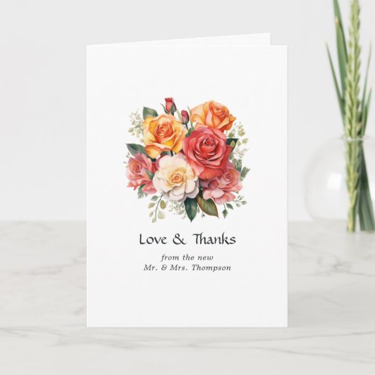 Rotes, orangefarbenes und sage florales Hochzeitsf Dankeskarte (Vorderseite)