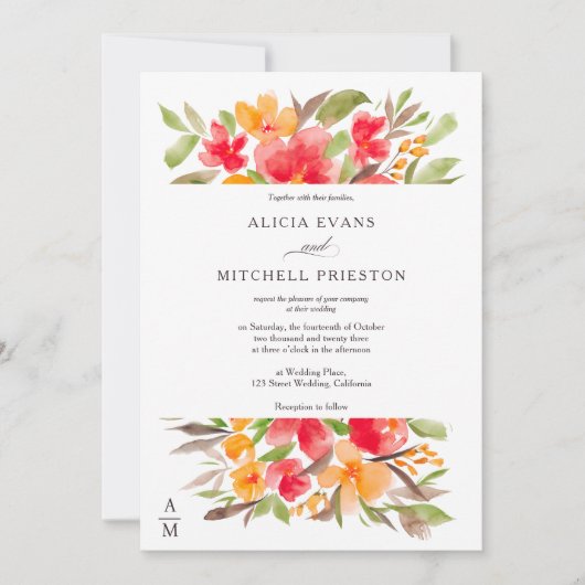 Rotes orangefarbenes Wasserfarbenfall Hochzeit Einladung (Vorderseite)