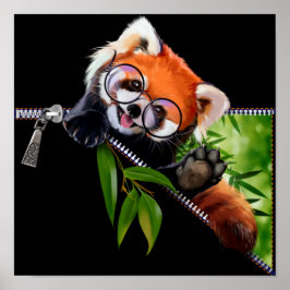Rotes Panda in runder Brille und Bambuszweig Poster