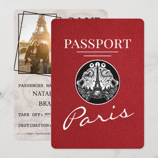 Rotes Paris Reisepass Save The Date (Vorne/Hinten)