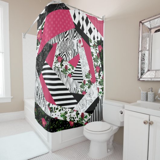 Rotes Patchwork, beliebt, Patchwork-Kissen Duschvorhang (Beispiel)