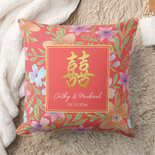 Rotes Peranakan Blumendoppel-Xi Chinesische Hochze Kissen