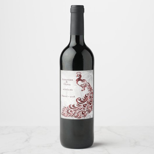 Rotes Pfauenleder Weinkeller Hochzeitssaal Weinetikett (Vorderseite)