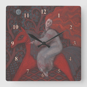 "Rotes Pferd", Rotkopffrau, surreale Kunst der Fan Quadratische Wanduhr