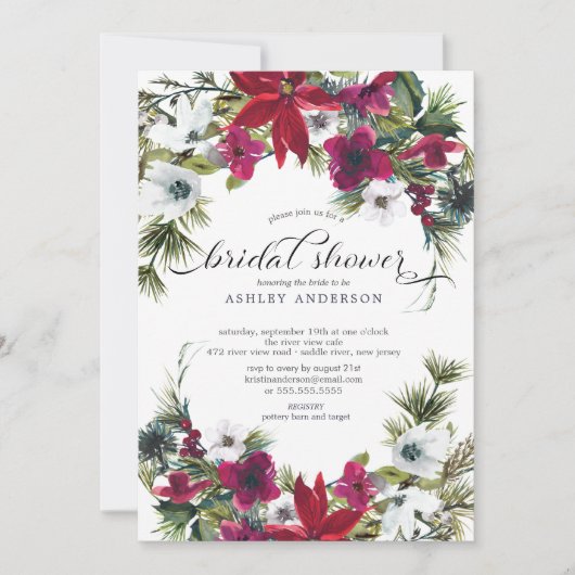 Rotes Poinsettia-Holly-Brautparty Einladung (Vorderseite)