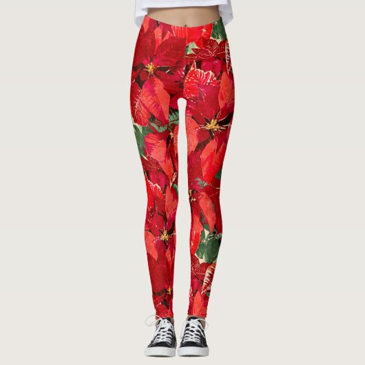 Rotes Poinsettia-Weihnachten Leggings (Vorderseite)