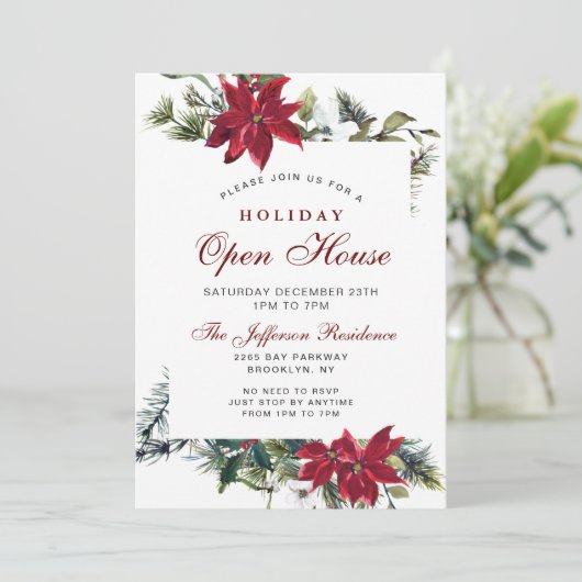 Rotes Poinsettia Weihnachtsfest Open House Einladung (Stehend Vorderseite)