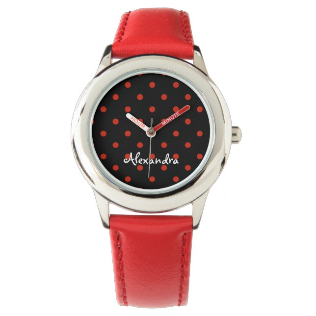 Rotes Polka-Punktmuster und individuelle Name auf  Armbanduhr (Vorderseite)