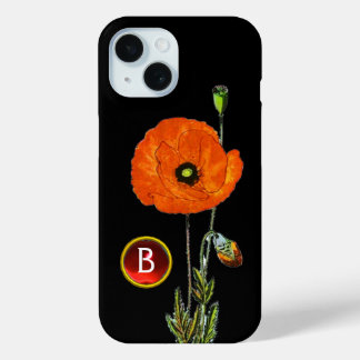 ROTES POPPEN IN SCHWARZ-RUBY GEMSTONE-MONOGRAM iPhone 15 HÜLLE