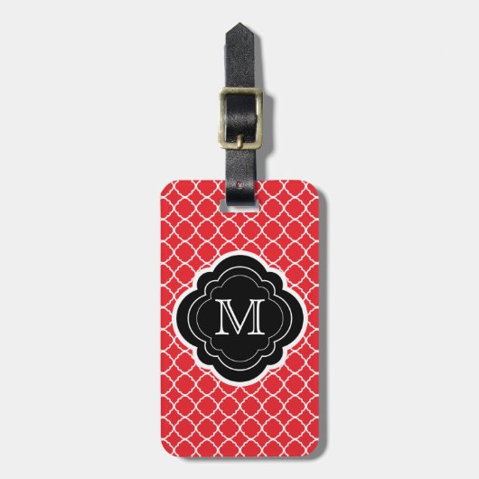 Rotes Quatrefoil mit schwarzem Monogramm Gepäckanhänger (Vorderseite vertikal)