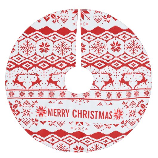 Rotes Reindeer-Knittermuster Polyester Weihnachtsbaumdecke (Vorderseite)