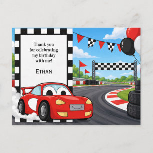 Rotes Rennwagen Karoflagge Kindergeburtstag Danke Postkarte