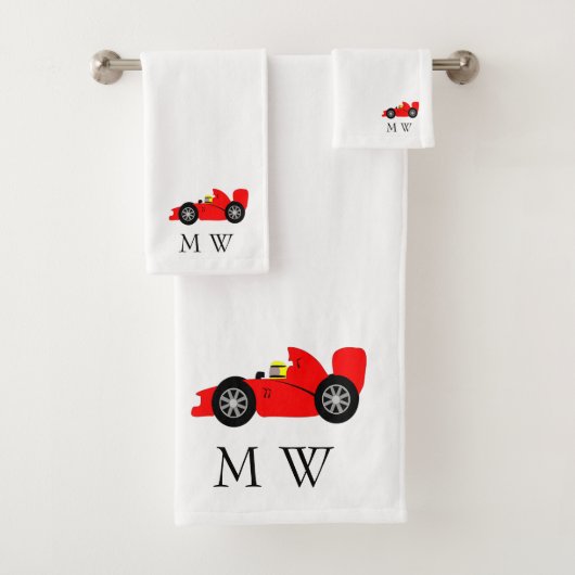 Rotes Rennwagendesign mit Monogramm Badhandtuch Set (Insitu)