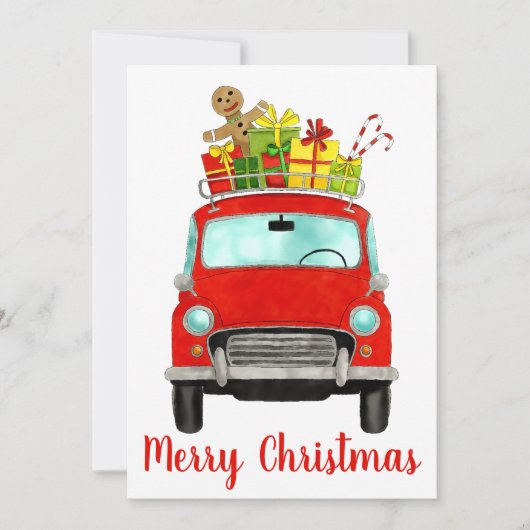 Rotes Retro-Auto mit Geschenken Feiertagskarte (Vorderseite)