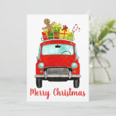 Rotes Retro-Auto mit Geschenken Feiertagskarte (Stehend Vorderseite)