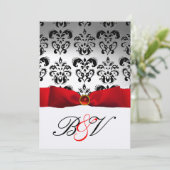 ROTES RIBBON SILVER SCHWARZES DAMASK-MONOGRAMM EINLADUNG (Stehend Vorderseite)