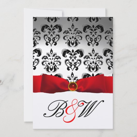 ROTES RIBBON WEISS SCHWARZES DAMASK-MONOGRAM EINLADUNG (Vorderseite)