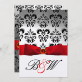 ROTES RIBBON WEISS SCHWARZES DAMASK-MONOGRAM EINLADUNG (Vorne/Hinten)