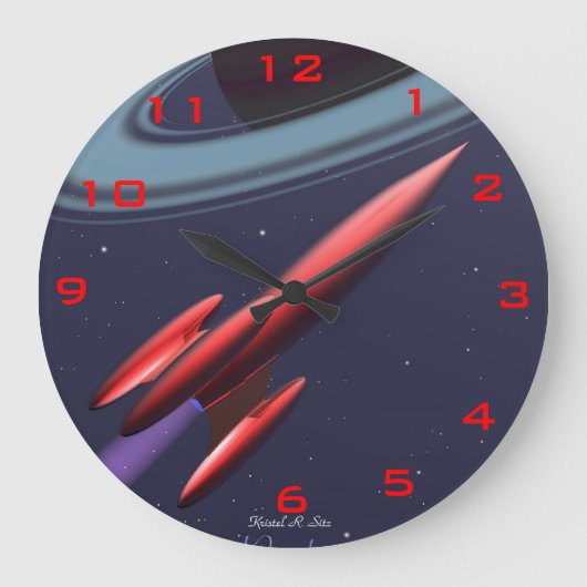 Rotes Rocketship Große Wanduhr (Vorderseite)