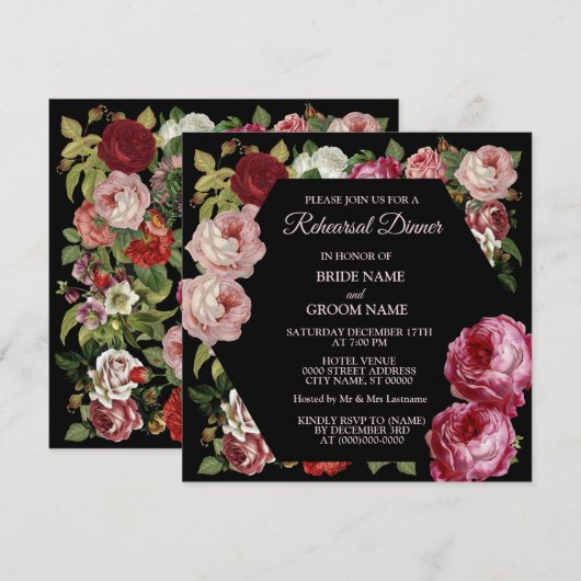 Rotes rosa Blumengrün Schwarz Probeessen Einladung (Vorne/Hinten)