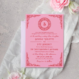 Rotes rosa handgezeichnetes Spitzen-Vintage-Monogr Einladung