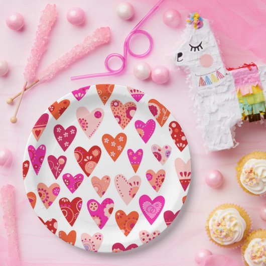 Rotes Rosa Herzmuster Pappteller (Party)