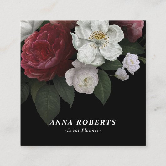 Rotes rosa Luxusweiß auf schwarzem Blumen Quadratische Visitenkarte (Vorderseite)