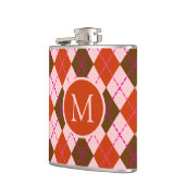 Rotes Rosa und Braunes Argyle-Muster-Monogramm Flachmann (Links)
