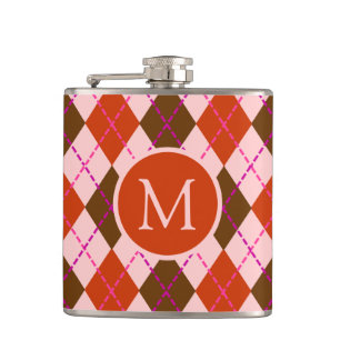 Rotes Rosa und Braunes Argyle-Muster-Monogramm Flachmann
