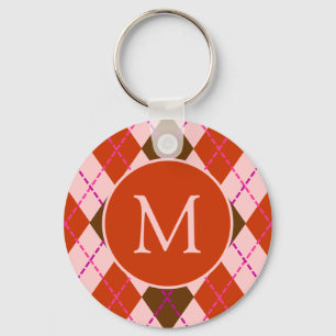Rotes Rosa und Braunes Argyle-Muster-Monogramm Schlüsselanhänger