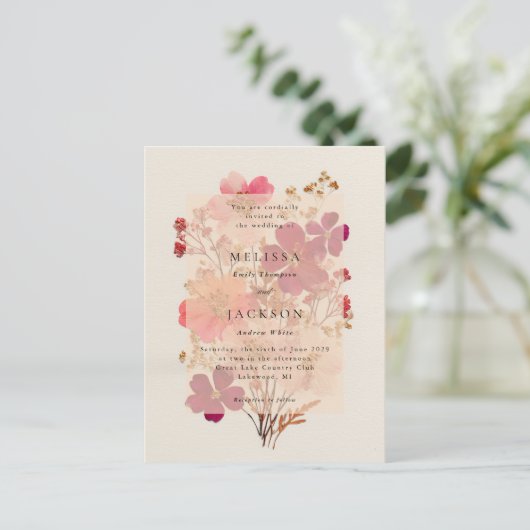 Rotes Rosa und Creme, blumengeschmückte Einladung Postkarte (Stehend Vorderseite)