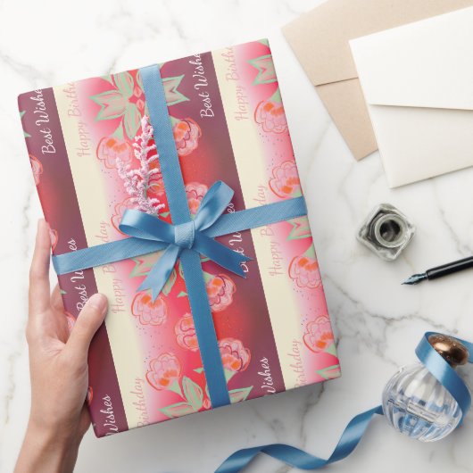 Rotes Rosa und orangefarbene Blüten Geschenkpapier (Schenken)