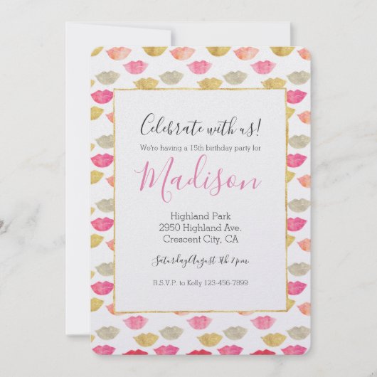 Rotes Rosa Wasserfarben Lippen Einladung (Vorderseite)